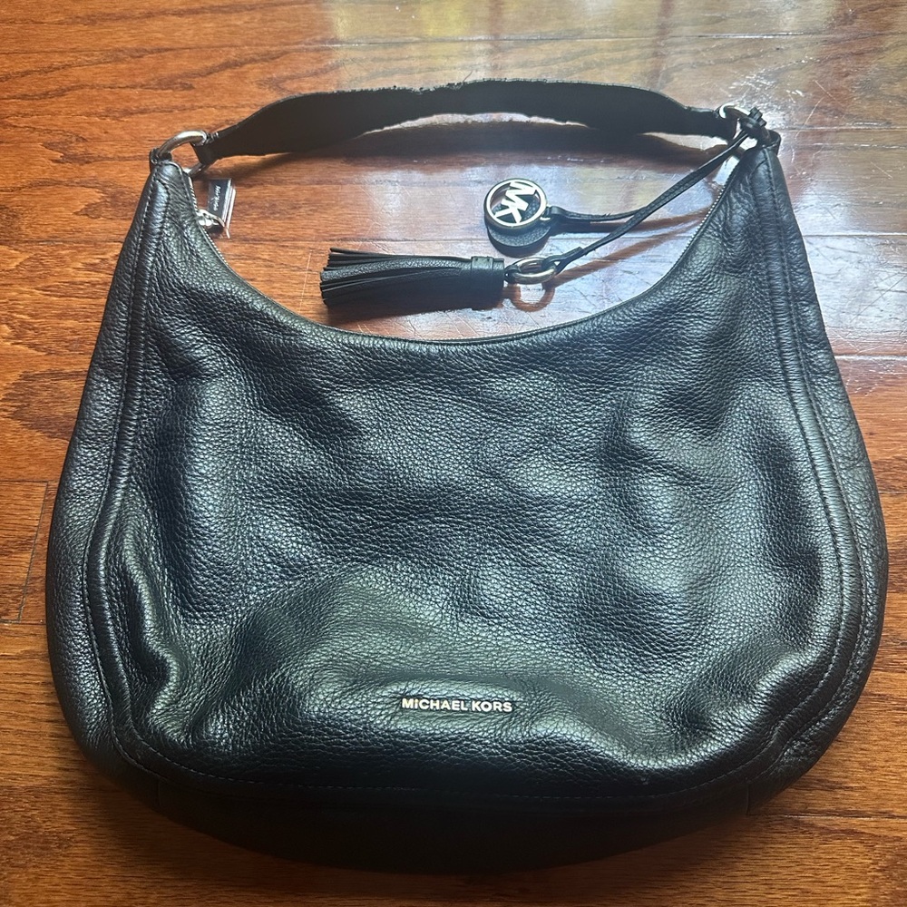 Michael Kors Black Pebbled Leather Shoulder Hobo with Tassel Charm